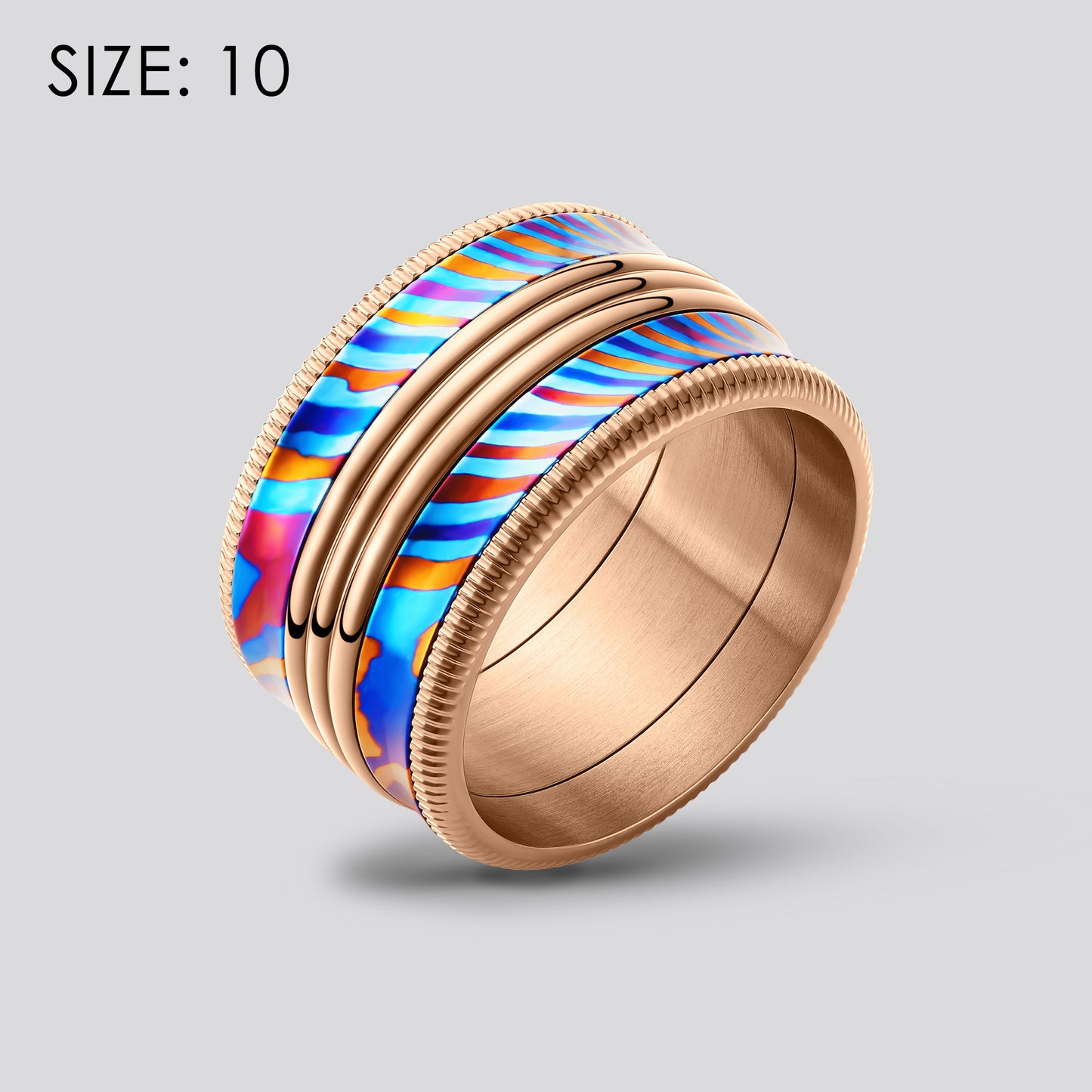 POSAN Ring PSR-002 (rose gold color)3D Triple-Band Damascus Titanium Ring Handcrafted Timascus with IPH Rainbow Finish and Titanium Core
