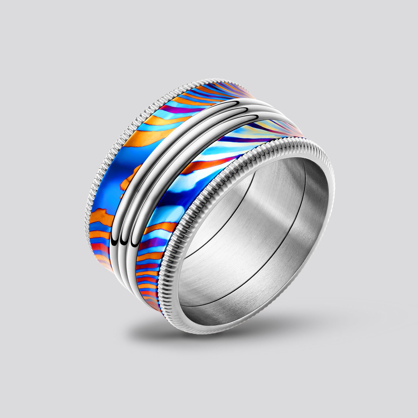 POSAN Ring PSR-002 (silver color)3D Triple-Band Damascus Titanium Ring Handcrafted Timascus with IPH Rainbow Finish and Titanium Core