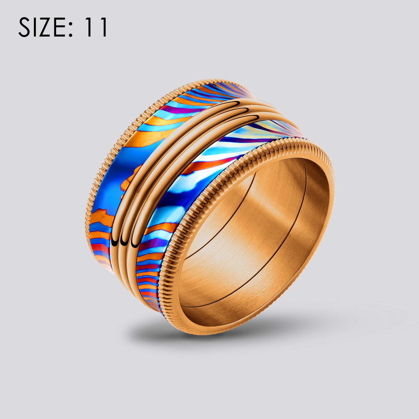 POSAN Ring PSR-002 (copper color)3D Triple-Band Damascus Titanium Ring Handcrafted Timascus with IPH Rainbow Finish and Titanium Core