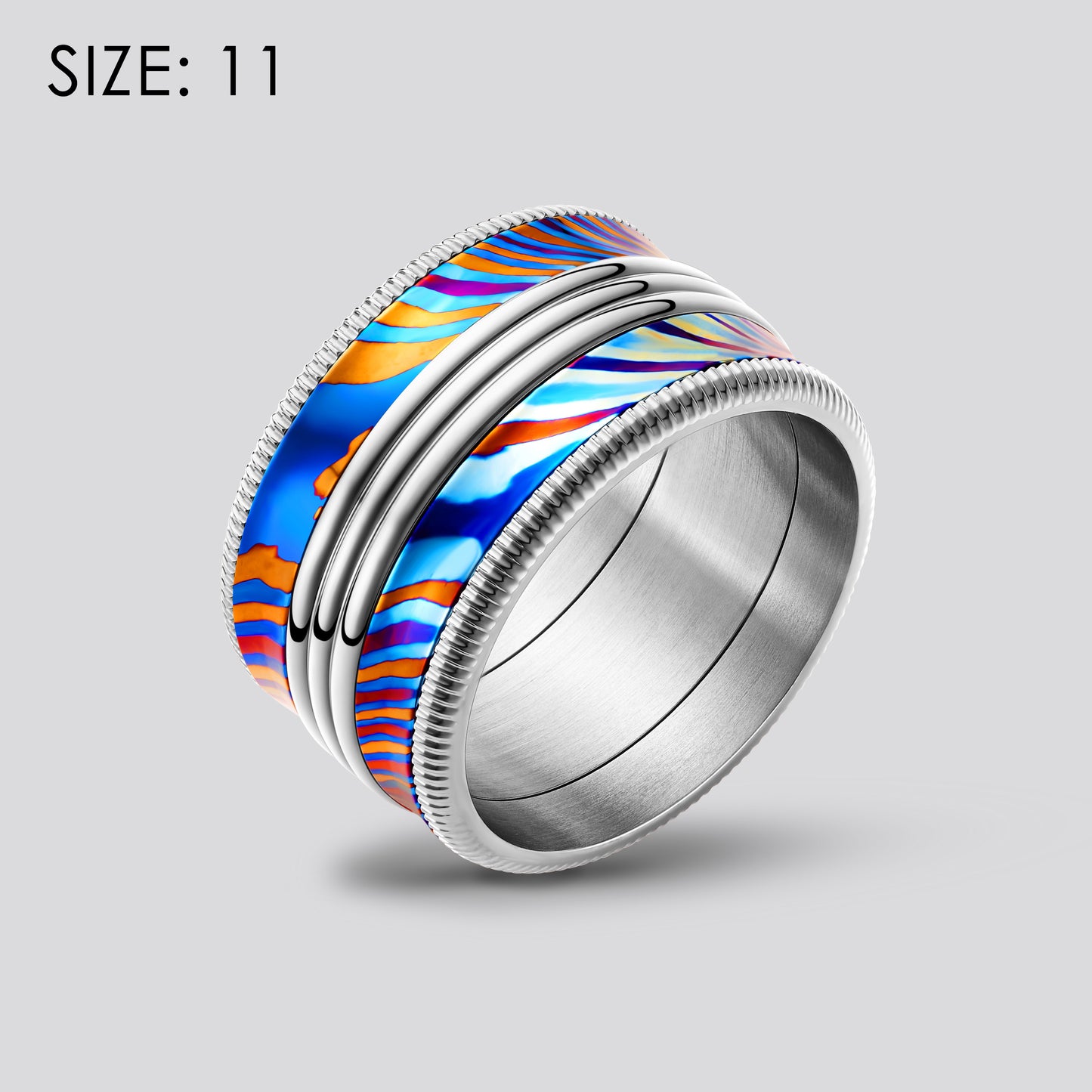 POSAN Ring PSR-002 (silver color)3D Triple-Band Damascus Titanium Ring Handcrafted Timascus with IPH Rainbow Finish and Titanium Core