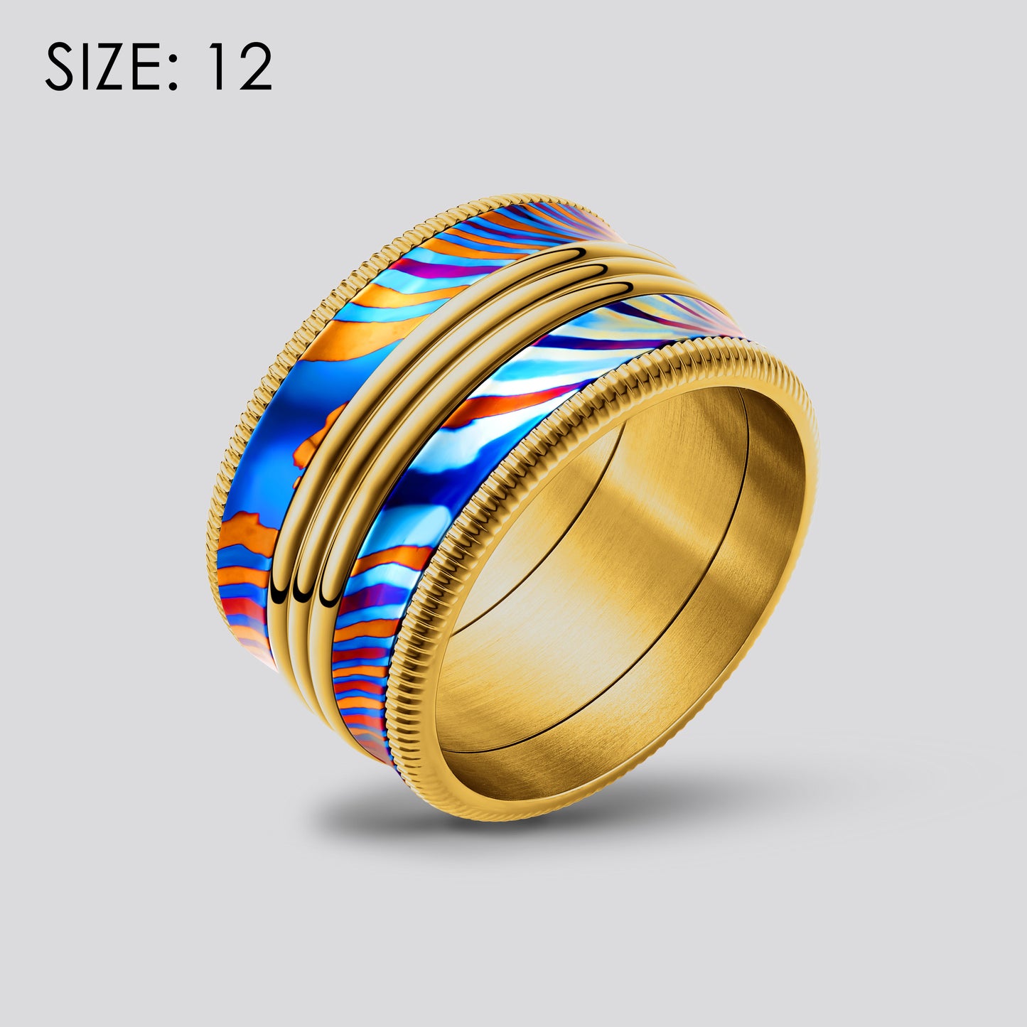 POSAN Ring PSR-002 (gold color)3D Triple-Band Damascus Titanium Ring Handcrafted Timascus with IPH Rainbow Finish and Titanium Core