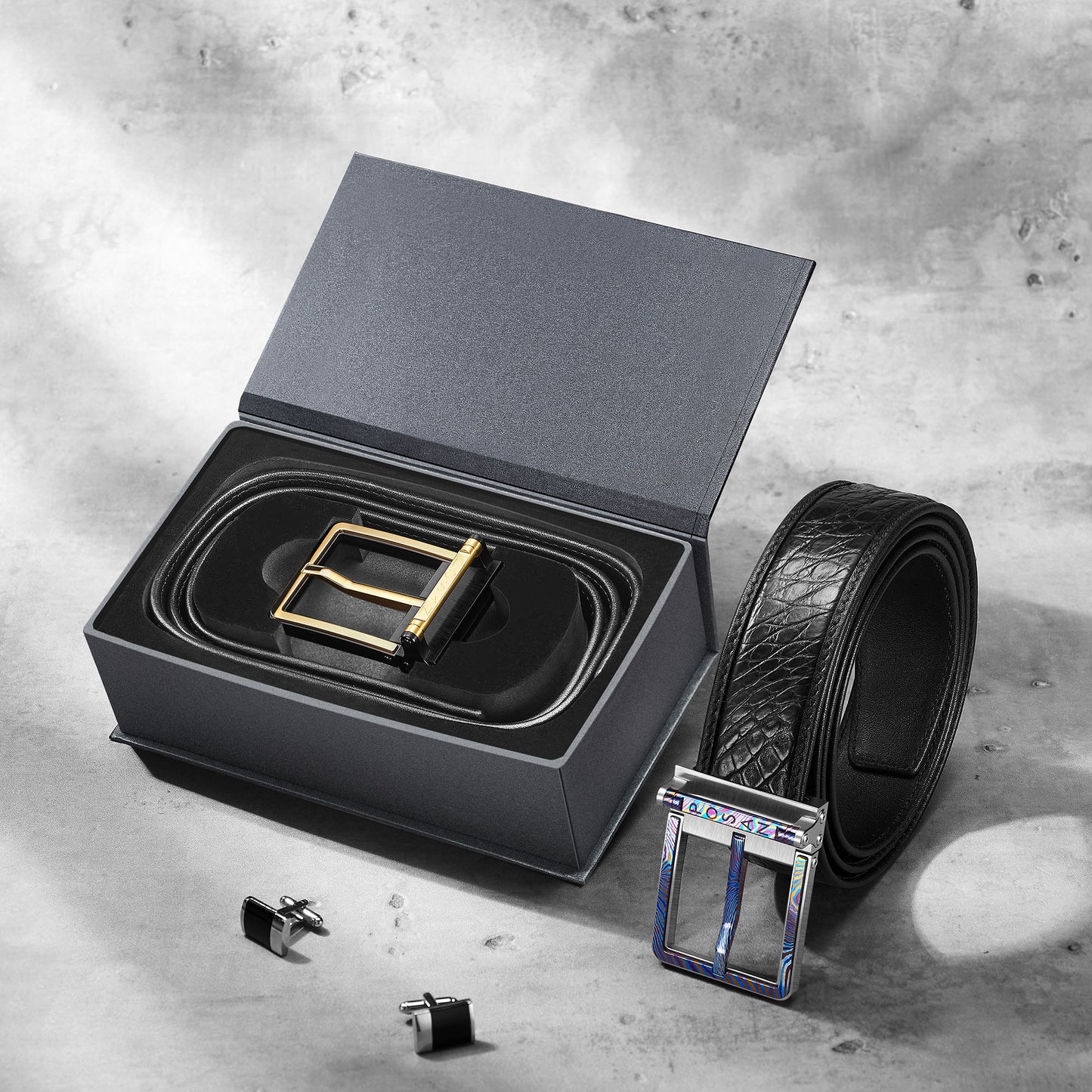 POSAN Belt PSB-002 Titanium Buckle Belt with Wild Cowhide – Bold Texture & Timascus Options