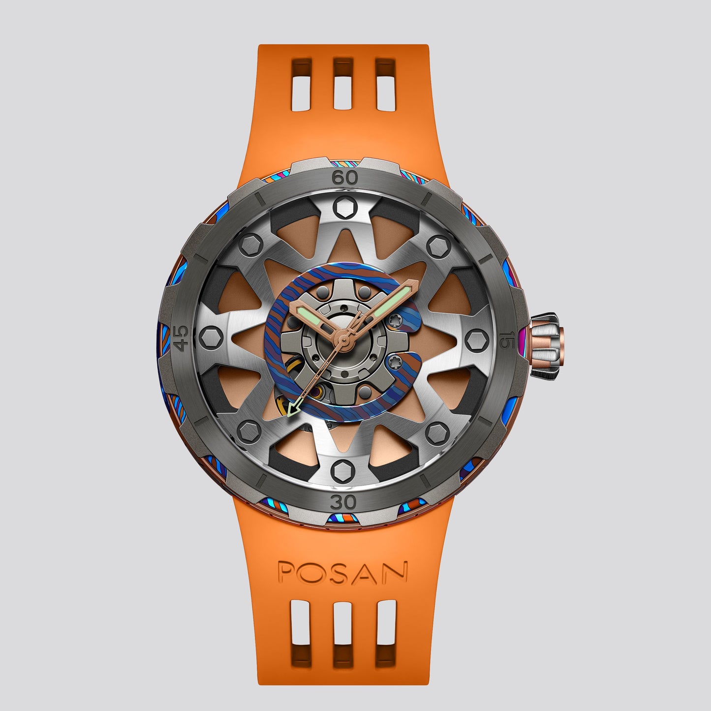 POSAN Watch PSW-001 GOLD Gradient Damascus Titanium Watch Timascus Anodized Color Finish with Skeleton Dial & Screw-down Crown