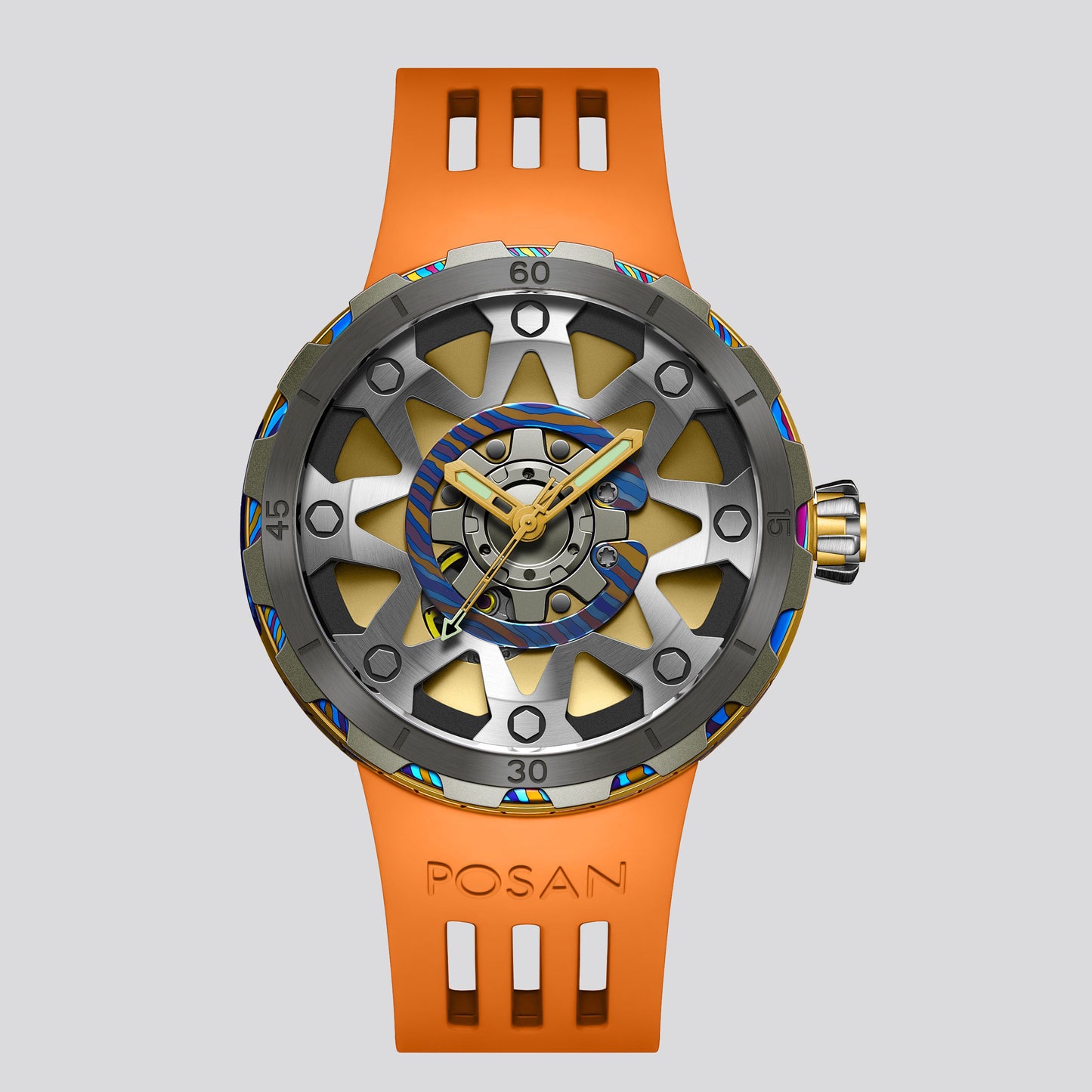 POSAN Watch PSW-001 GOLD Gradient Damascus Titanium Watch Timascus Anodized Color Finish with Skeleton Dial & Screw-down Crown