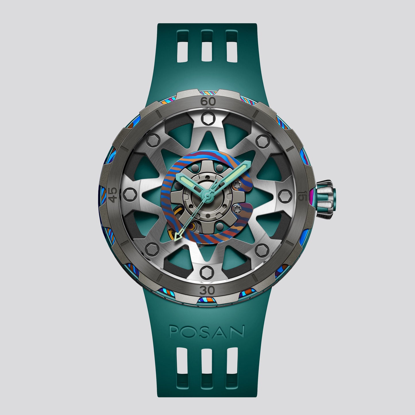 POSAN Watch PSW-001 GOLD Gradient Damascus Titanium Watch Timascus Anodized Color Finish with Skeleton Dial & Screw-down Crown