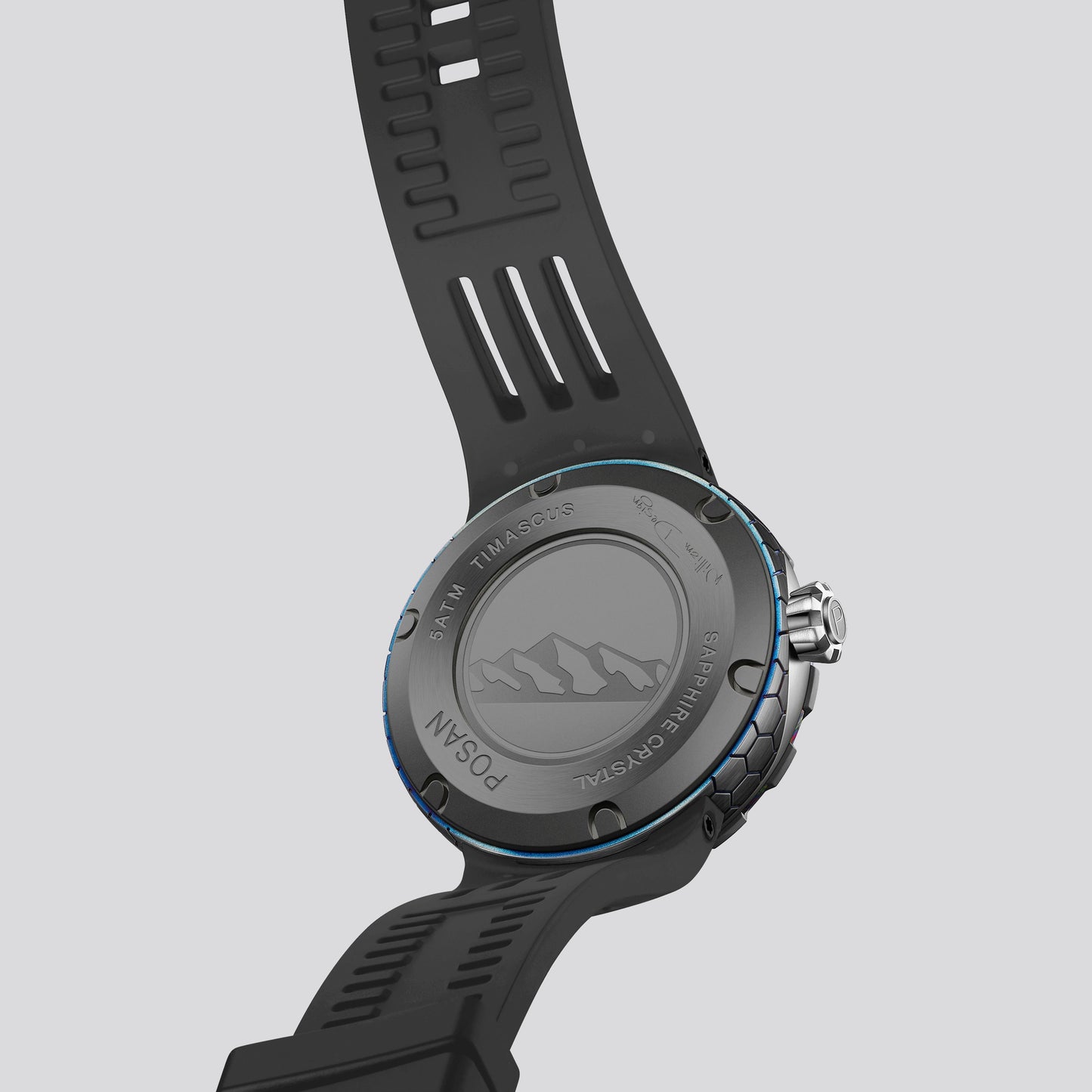 POSAN Watch PSW-001 BLACK Gradient Damascus Titanium Watch Timascus Anodized Color Finish with Skeleton Dial & Screw-down Crown
