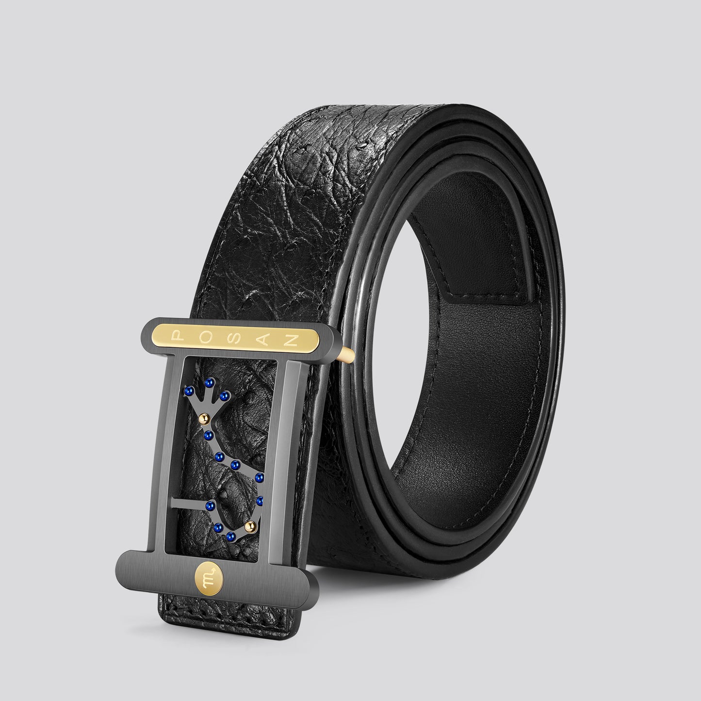 POSAN Belt PSB-001 Ostrich Leather Zodiac Plate Buckle Belt with Titanium & Black-Gold Electroplated Finish