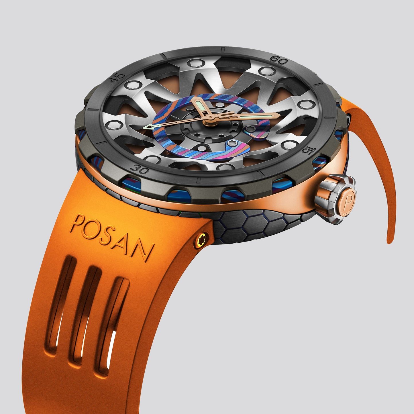 POSAN Watch PSW-001 ROSE Gradient Damascus Titanium Watch Timascus Anodized Color Finish with Skeleton Dial & Screw-down Crown