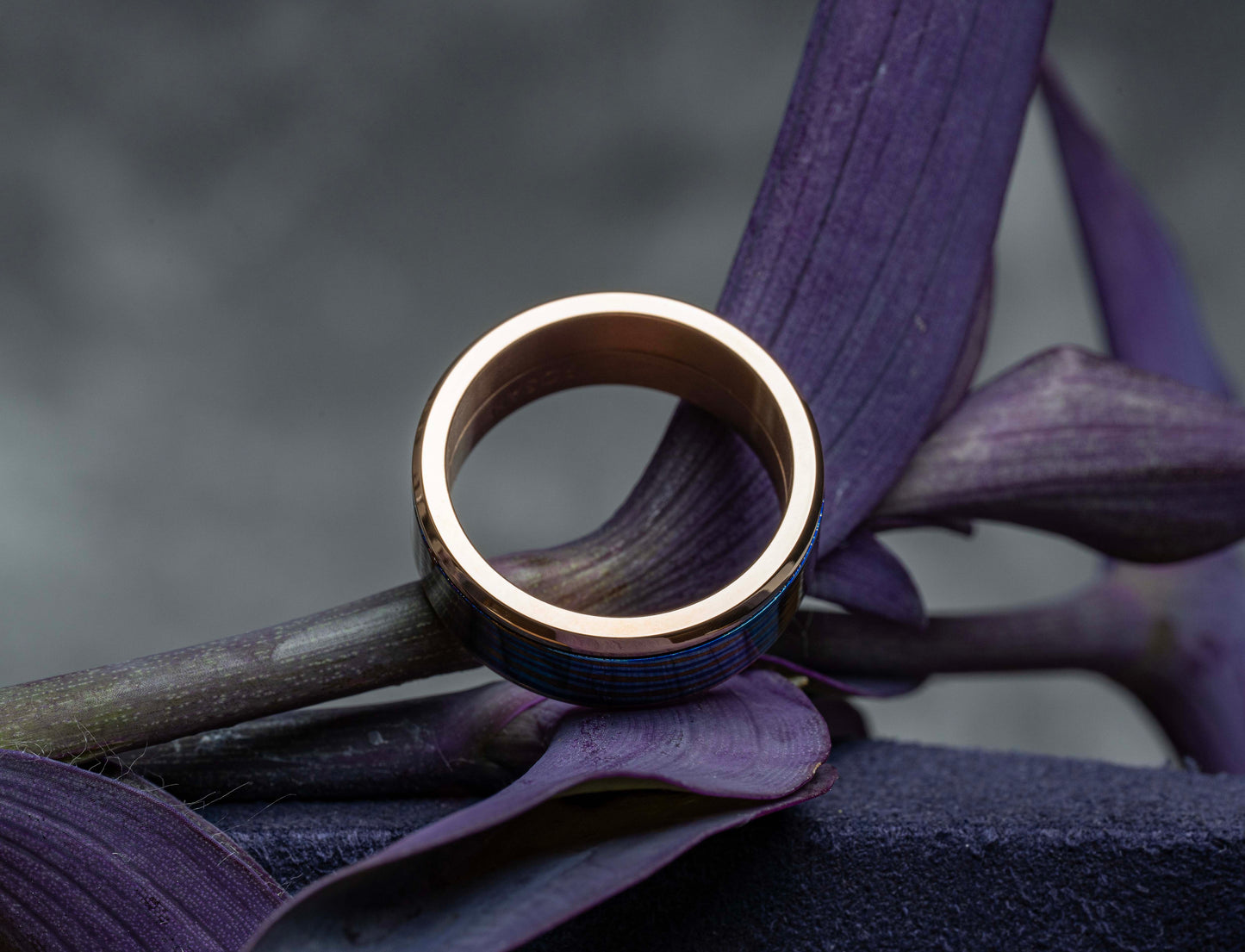 POSAN Ring PSR-001(rose gold color)Gradient Damascus Titanium Ring Timascus Handcrafted Rainbow IPH Technology with Brushed Titanium Core