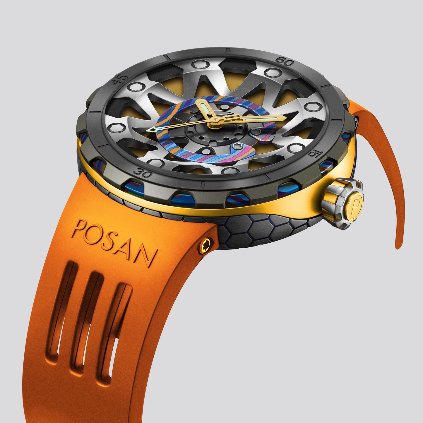POSAN Watch PSW-001 GOLD Gradient Damascus Titanium Watch Timascus Anodized Color Finish with Skeleton Dial & Screw-down Crown