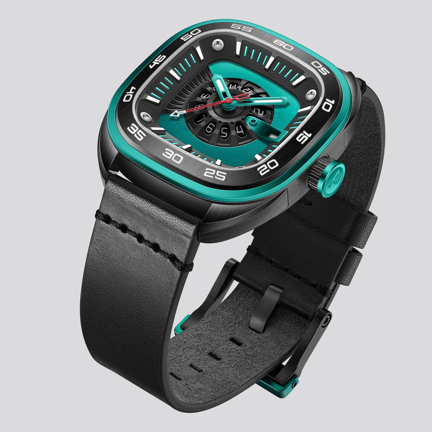 POSAN Watch PSW-008G Barrel-Shaped Damascus Titanium Watch with Spherical Sapphire Crystal & Open-Heart SW200 Movement