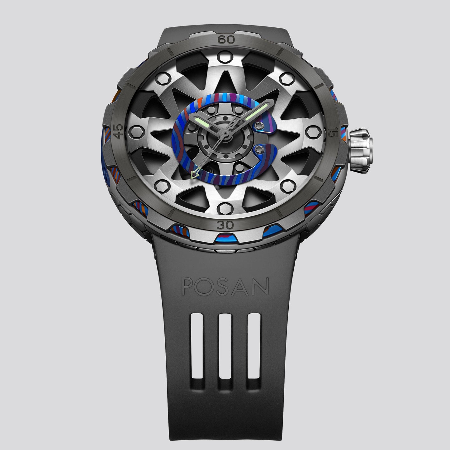 POSAN Watch PSW-001 BLACK Gradient Damascus Titanium Watch Timascus Anodized Color Finish with Skeleton Dial & Screw-down Crown
