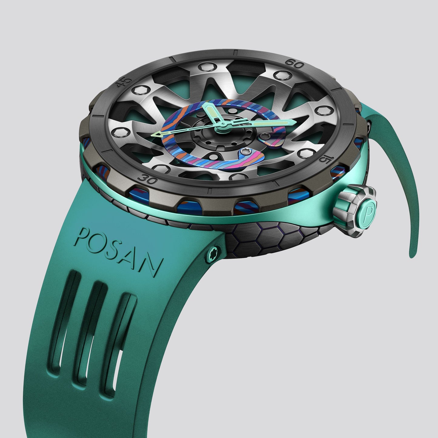 POSAN Watch PSW-001 GREEN Gradient Damascus Titanium Watch Timascus Anodized Color Finish with Skeleton Dial & Screw-down Crown