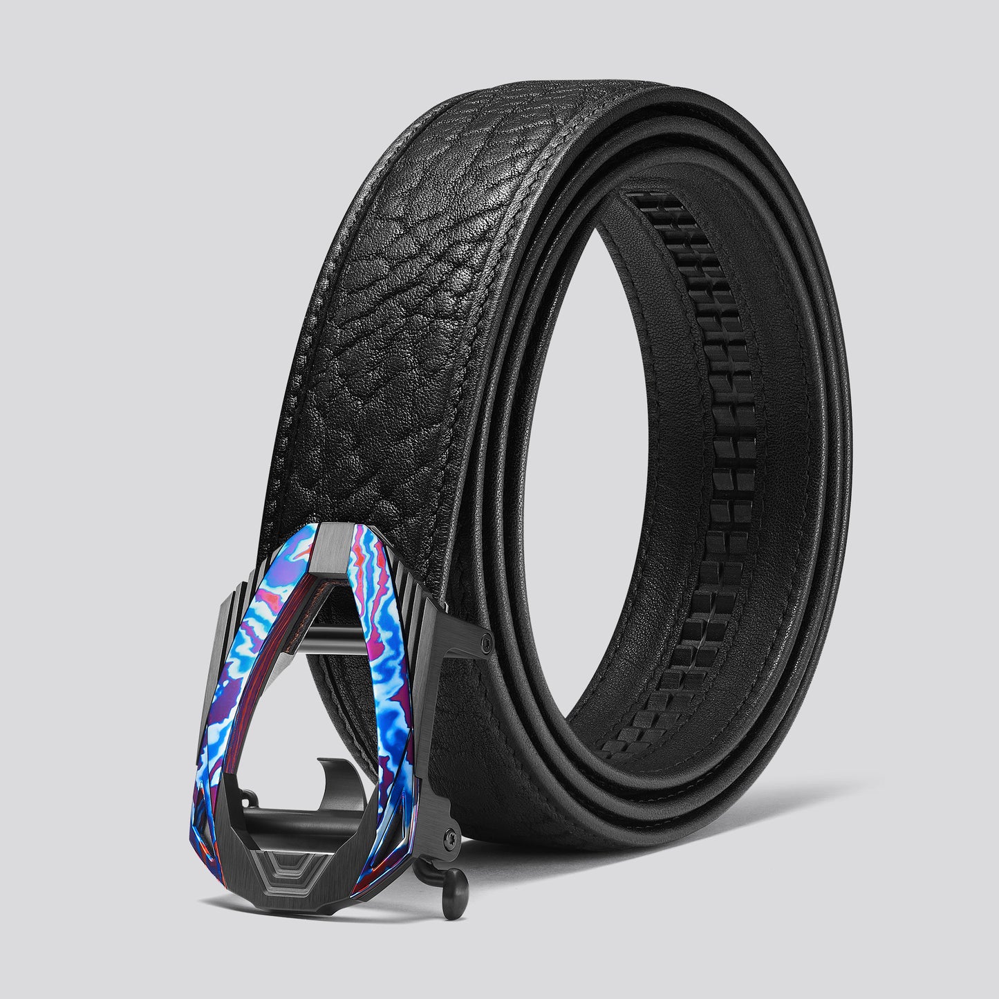 POSAN Belt PSB-003 Wild Cowhide Damascus Titanium Ratchet Buckle Belt with Rainbow Anodized Finish
