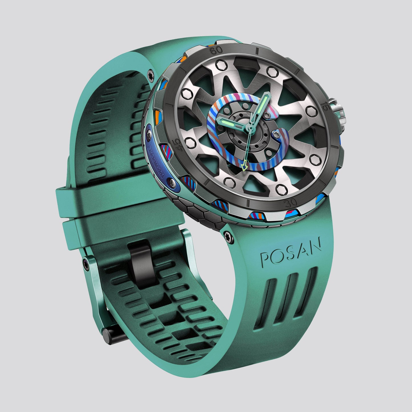 POSAN Watch PSW-001 GREEN Gradient Damascus Titanium Watch Timascus Anodized Color Finish with Skeleton Dial & Screw-down Crown