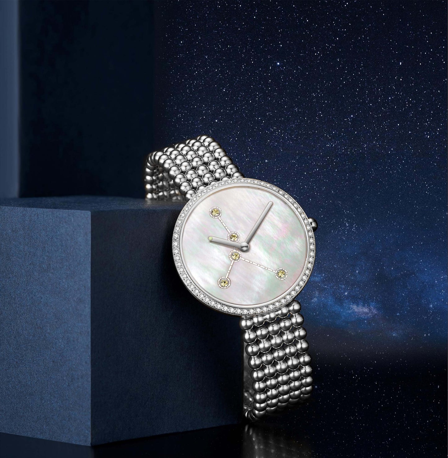 POSAN Watch PSW-001C Classic Zodiac Quartz Watch with Pearl Shell Dial, Gem-Set Constellations & Stainless Steel Bead Bracelet