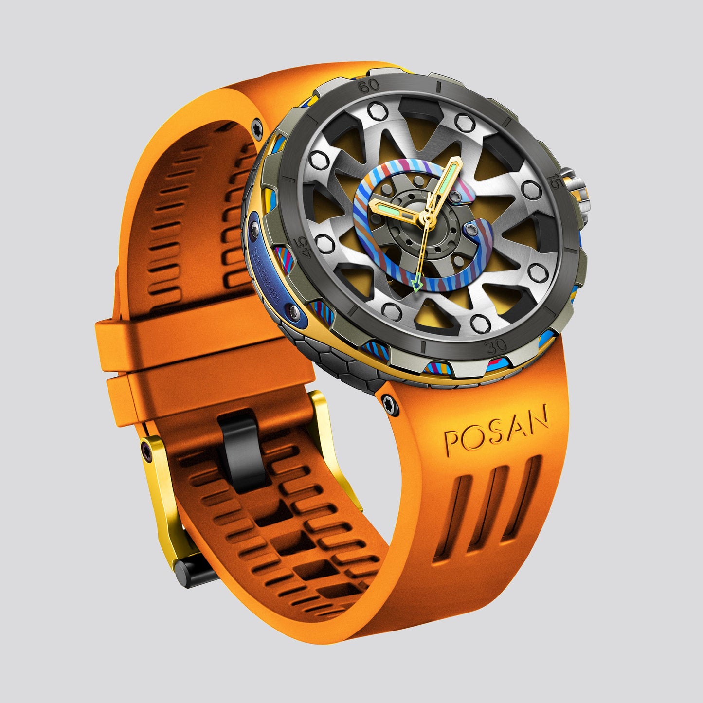 POSAN Watch PSW-001 GOLD Gradient Damascus Titanium Watch Timascus Anodized Color Finish with Skeleton Dial & Screw-down Crown