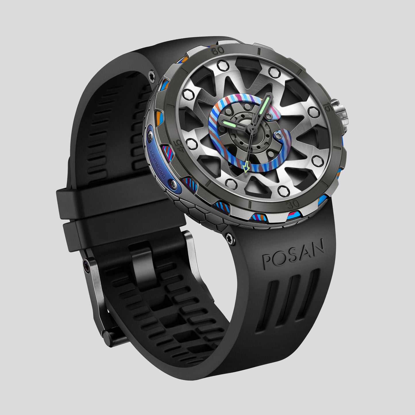 POSAN Watch PSW-001 BLACK Gradient Damascus Titanium Watch Timascus Anodized Color Finish with Skeleton Dial & Screw-down Crown