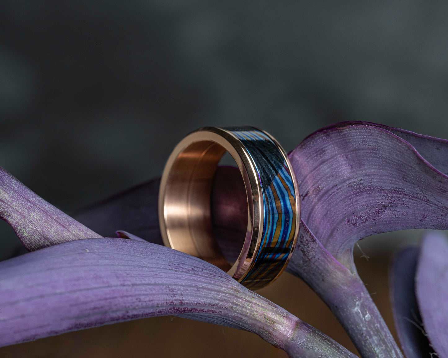 POSAN Ring PSR-001(rose gold color)Gradient Damascus Titanium Ring Timascus Handcrafted Rainbow IPH Technology with Brushed Titanium Core