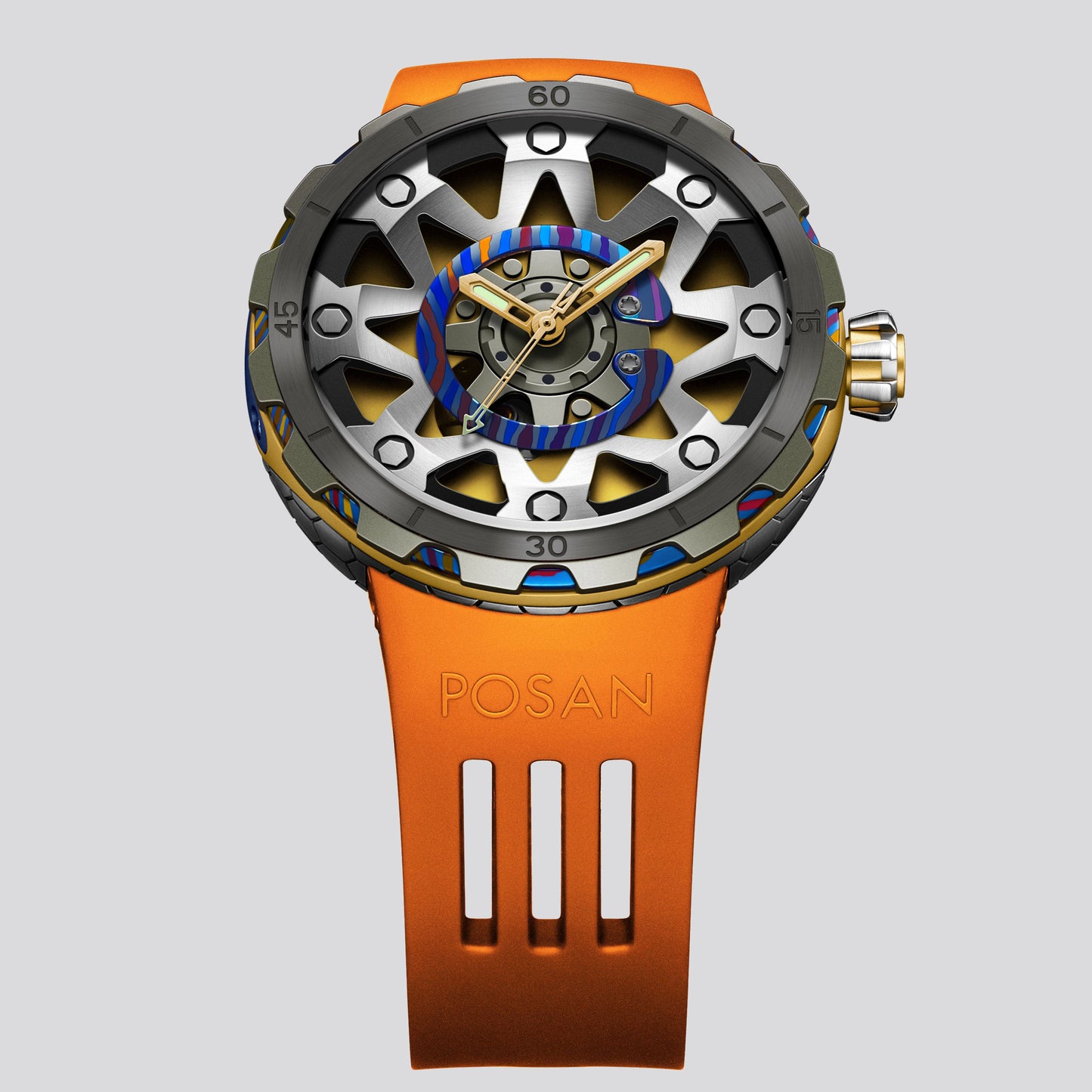 POSAN Watch PSW-001 GOLD Gradient Damascus Titanium Watch Timascus Anodized Color Finish with Skeleton Dial & Screw-down Crown