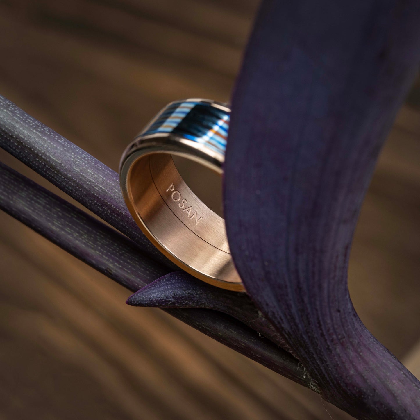 POSAN Ring PSR-001(rose gold color)Gradient Damascus Titanium Ring Timascus Handcrafted Rainbow IPH Technology with Brushed Titanium Core