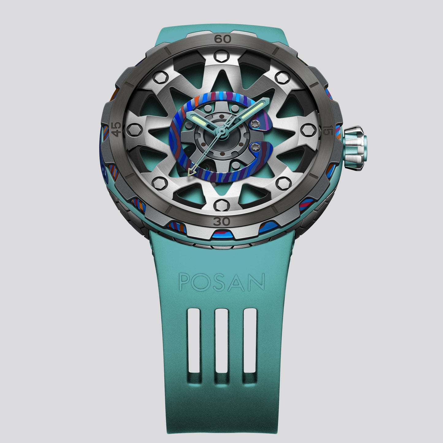 POSAN Watch PSW-001 GREEN Gradient Damascus Titanium Watch Timascus Anodized Color Finish with Skeleton Dial & Screw-down Crown