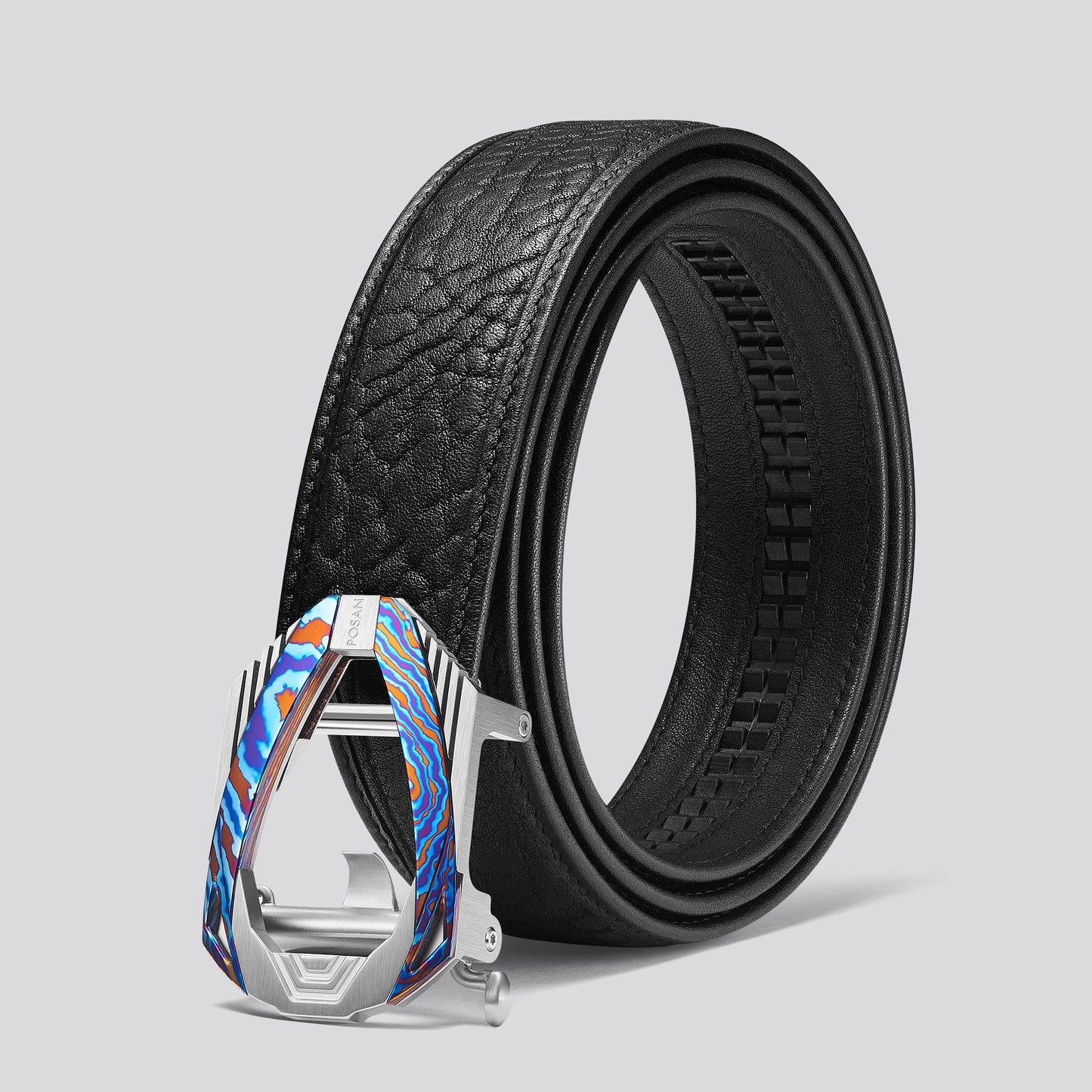 POSAN Belt PSB-003 Wild Cowhide Damascus Titanium Ratchet Buckle Belt with Rainbow Anodized Finish