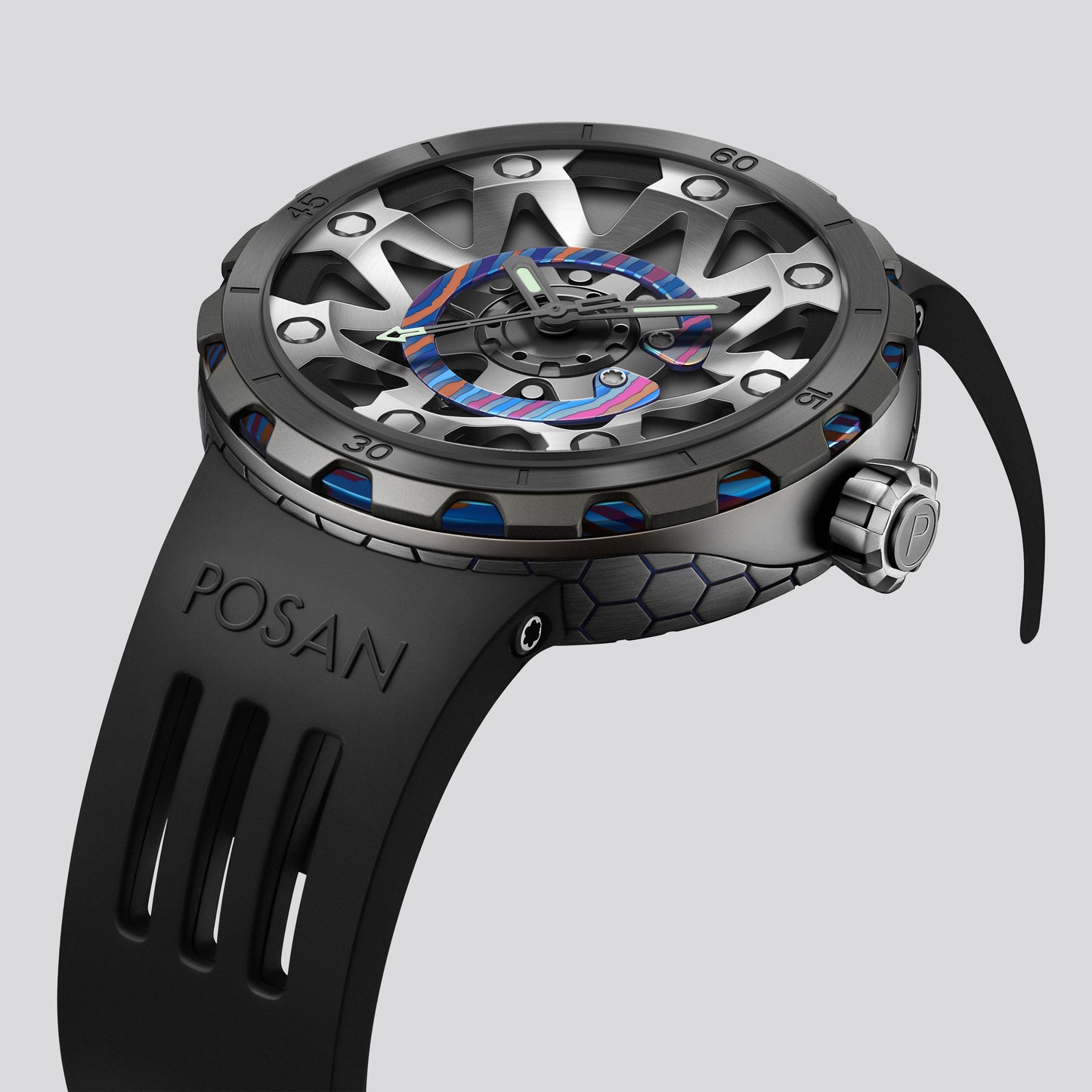 POSAN Watch PSW-001 BLACK Gradient Damascus Titanium Watch Timascus Anodized Color Finish with Skeleton Dial & Screw-down Crown