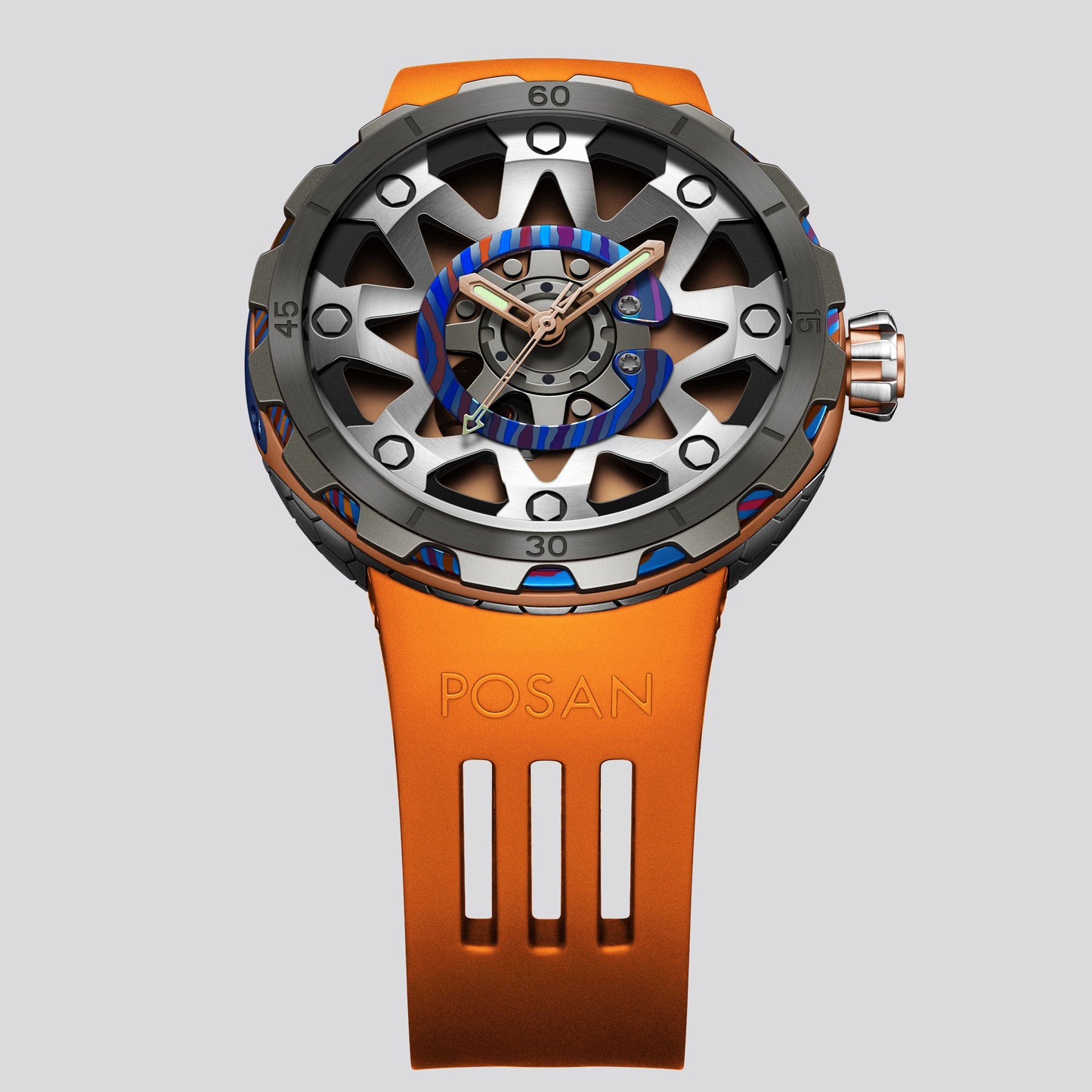 POSAN Watch PSW-001 ROSE Gradient Damascus Titanium Watch Timascus Anodized Color Finish with Skeleton Dial & Screw-down Crown