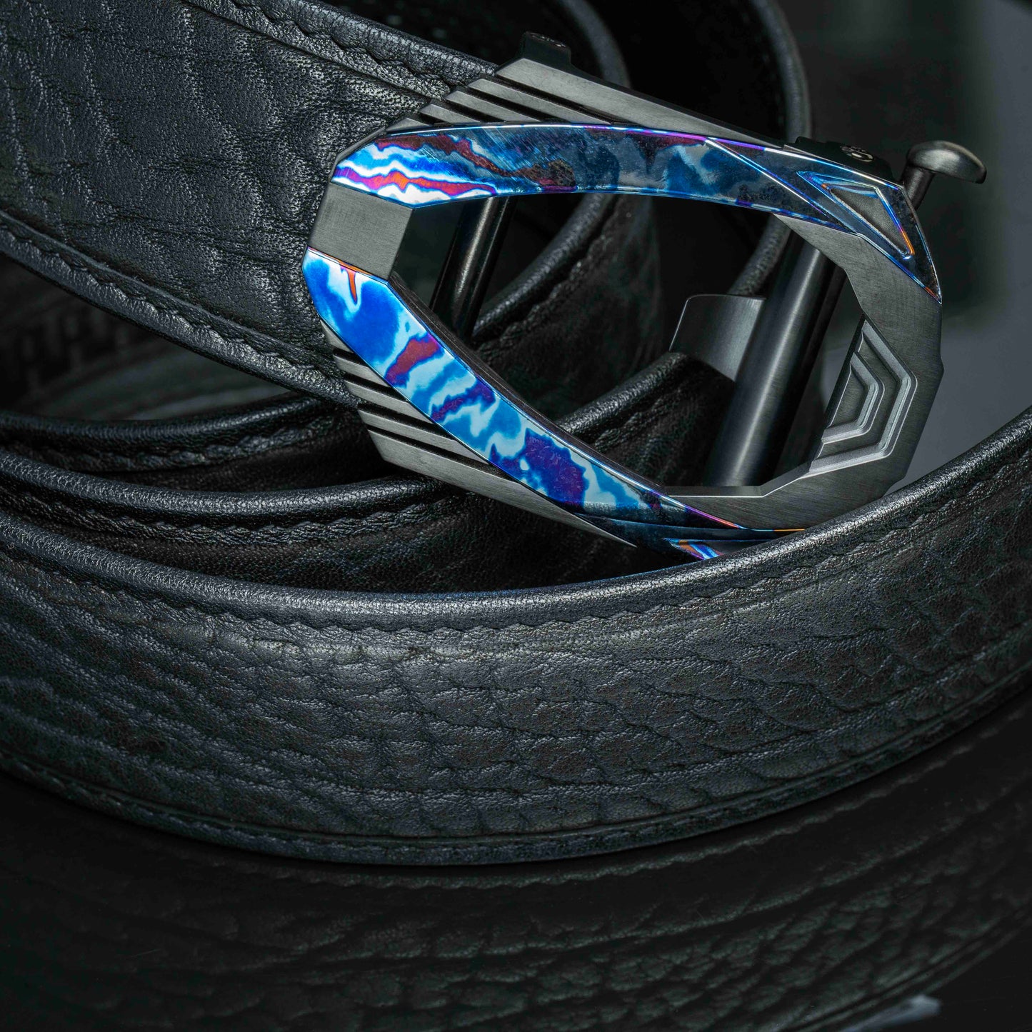 POSAN Belt PSB-003 Wild Cowhide Damascus Titanium Ratchet Buckle Belt with Rainbow Anodized Finish
