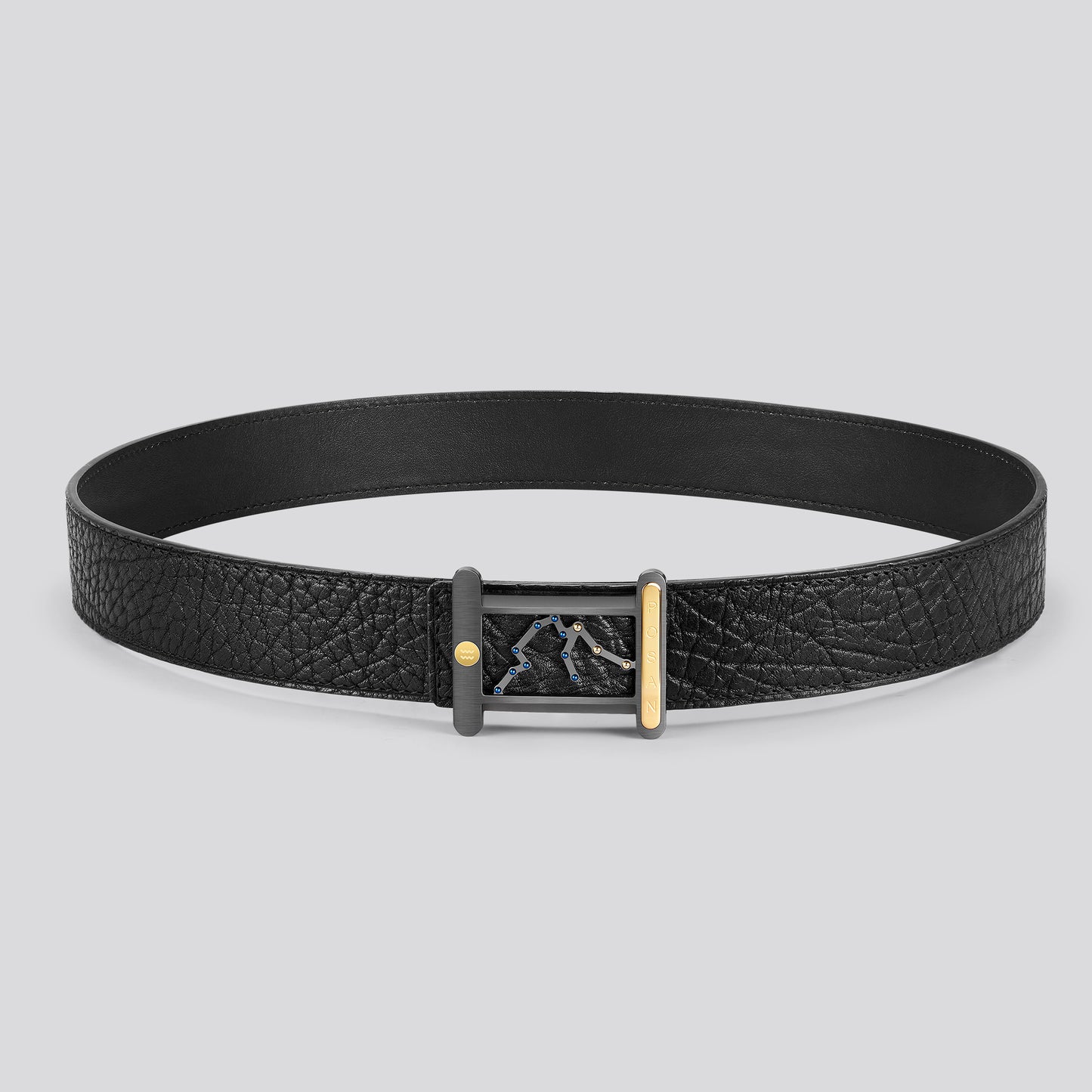 POSAN Belt PSB-001 Wild Cowhide Zodiac Plate Buckle Belt with Titanium & Black-Gold Electroplated Finish