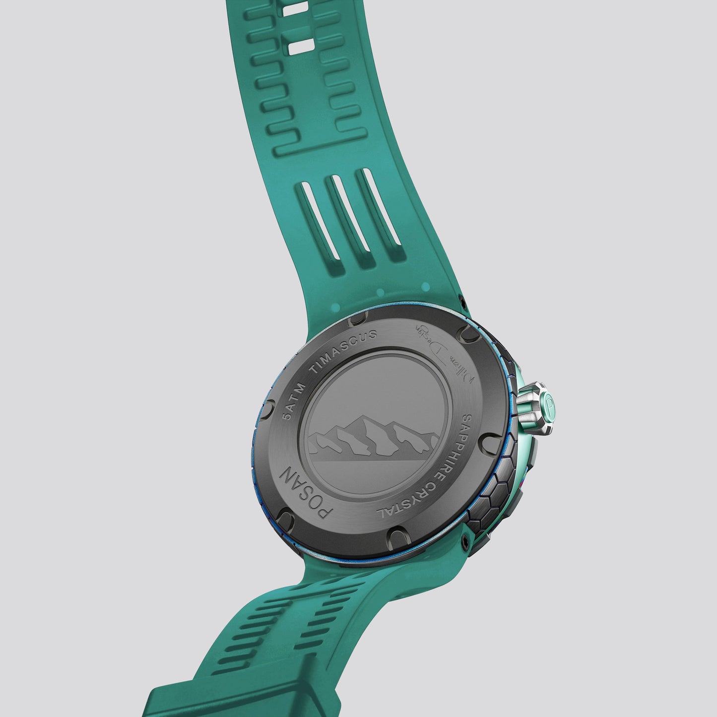 POSAN Watch PSW-001 GREEN Gradient Damascus Titanium Watch Timascus Anodized Color Finish with Skeleton Dial & Screw-down Crown