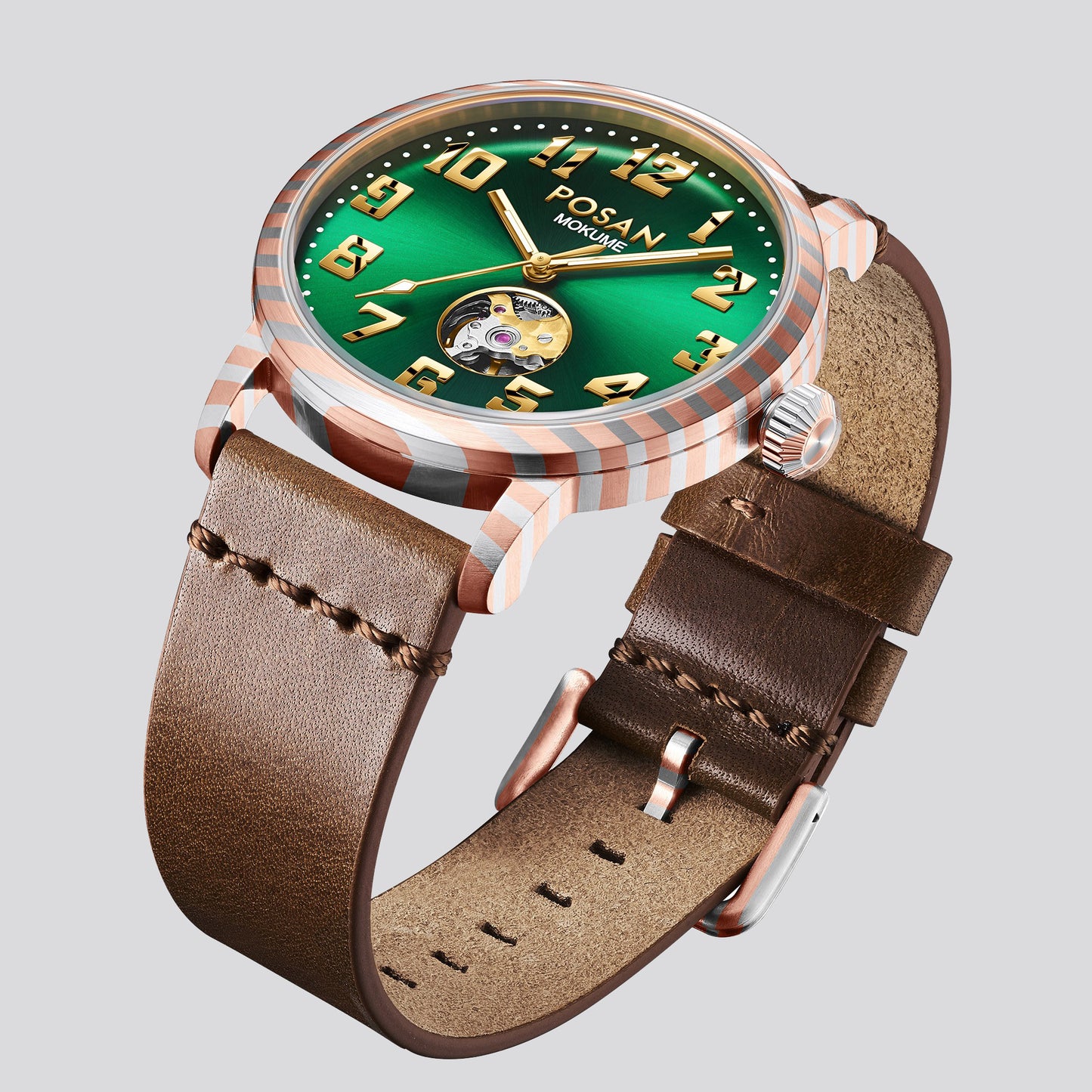 POSAN Watch PSW-002G Open-Heart Gradient Damascus Titanium Watch Timascus Case with Blue Dial & Leather Strap