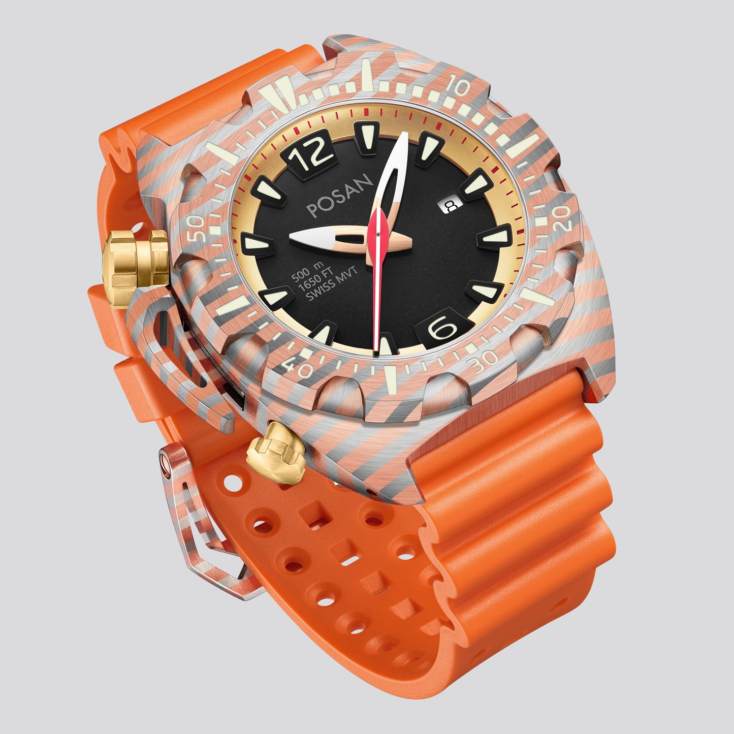 POSAN Watch PSW-009G 50ATM Titanium Diver Watch with Spherical Sapphire Crystal, Textured Case & Screw-Down Crown