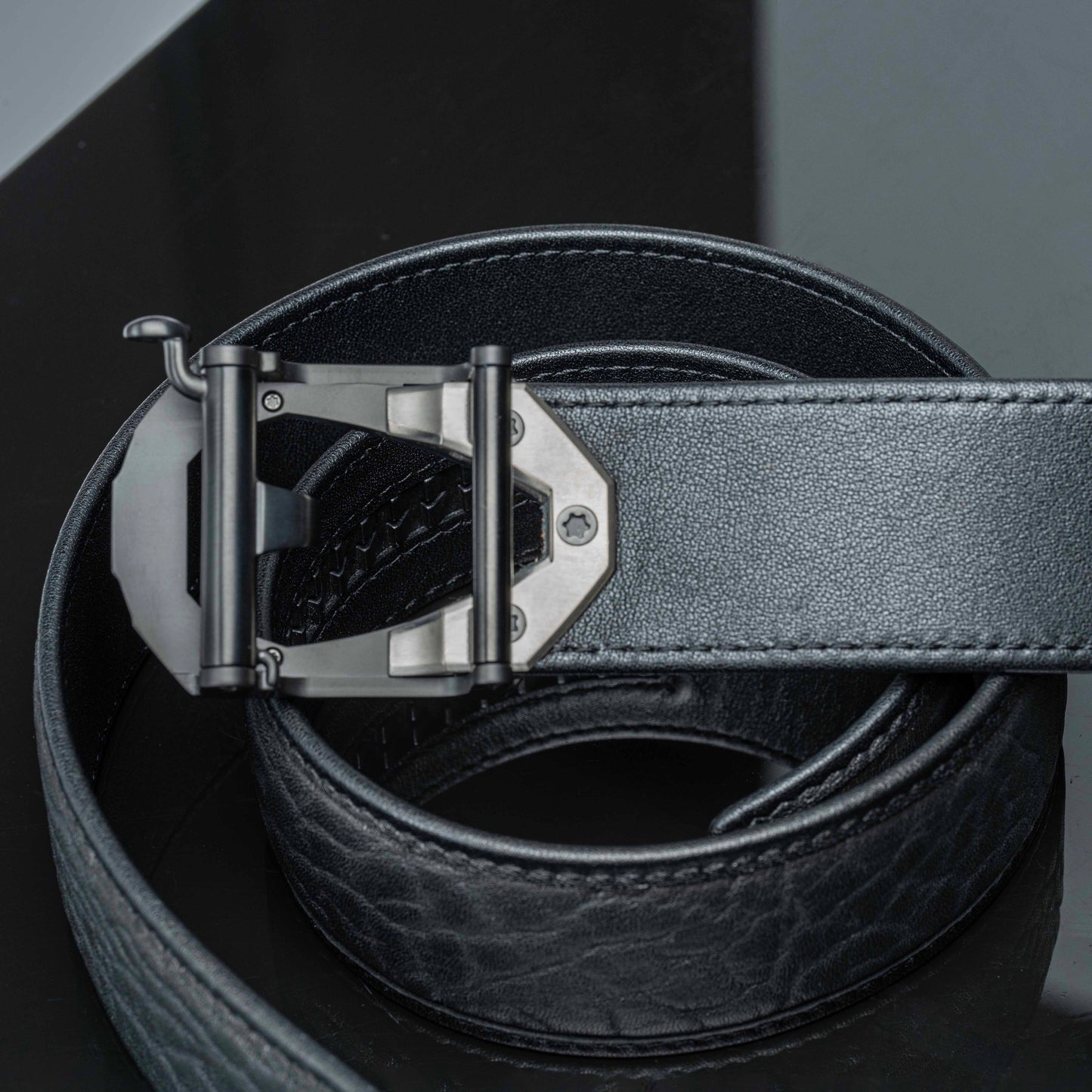 POSAN Belt PSB-003 Wild Cowhide Damascus Titanium Ratchet Buckle Belt with Rainbow Anodized Finish