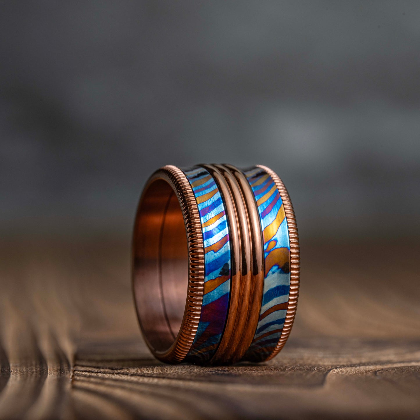 POSAN Ring PSR-002 (gold color)3D Triple-Band Damascus Titanium Ring Handcrafted Timascus with IPH Rainbow Finish and Titanium Core