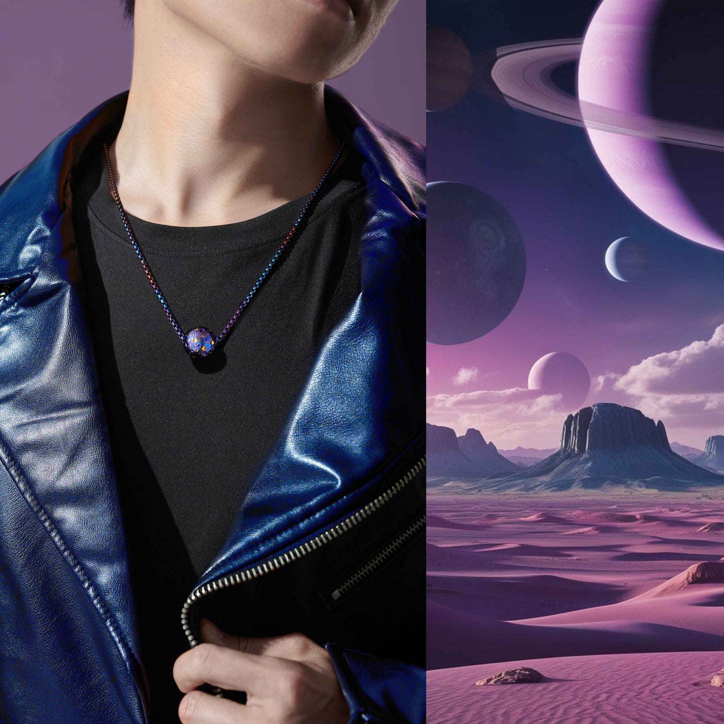 POSAN Necklace PSP-001 3D Titanium Planet Pendant with Anodized Gradient Finish & Matching Titanium Chain