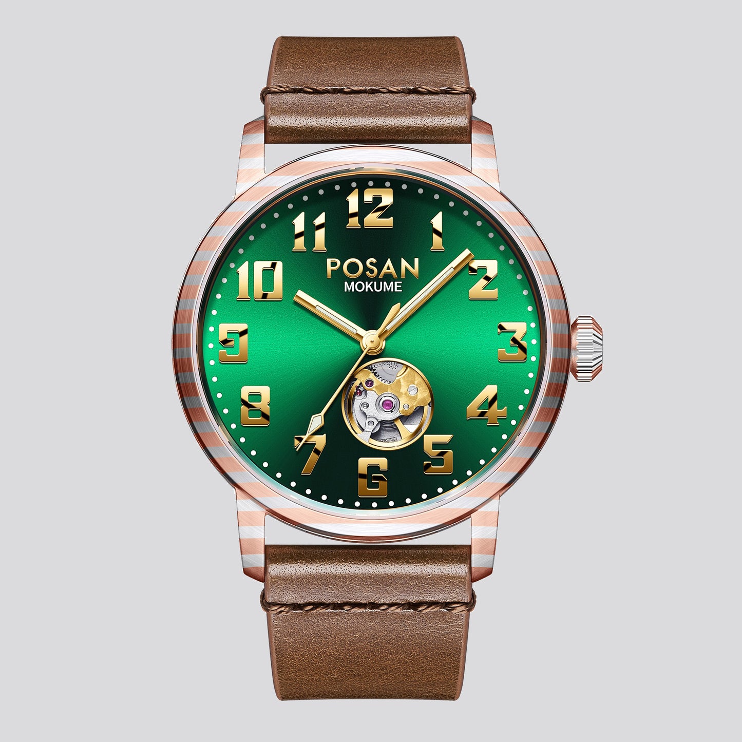 POSAN Watch PSW-002G Open-Heart Gradient Damascus Titanium Watch Timascus Case with Blue Dial & Leather Strap