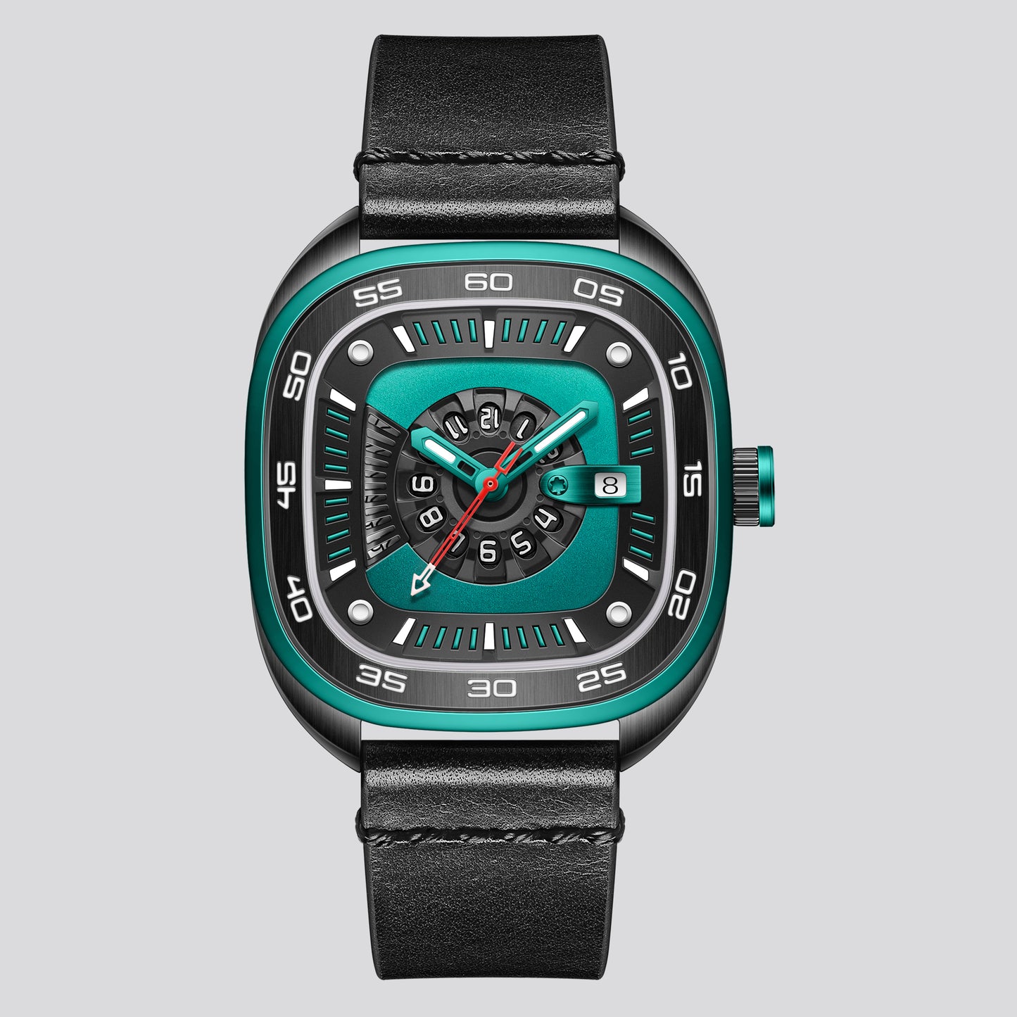 POSAN Watch PSW-008G Barrel-Shaped Damascus Titanium Watch with Spherical Sapphire Crystal & Open-Heart SW200 Movement