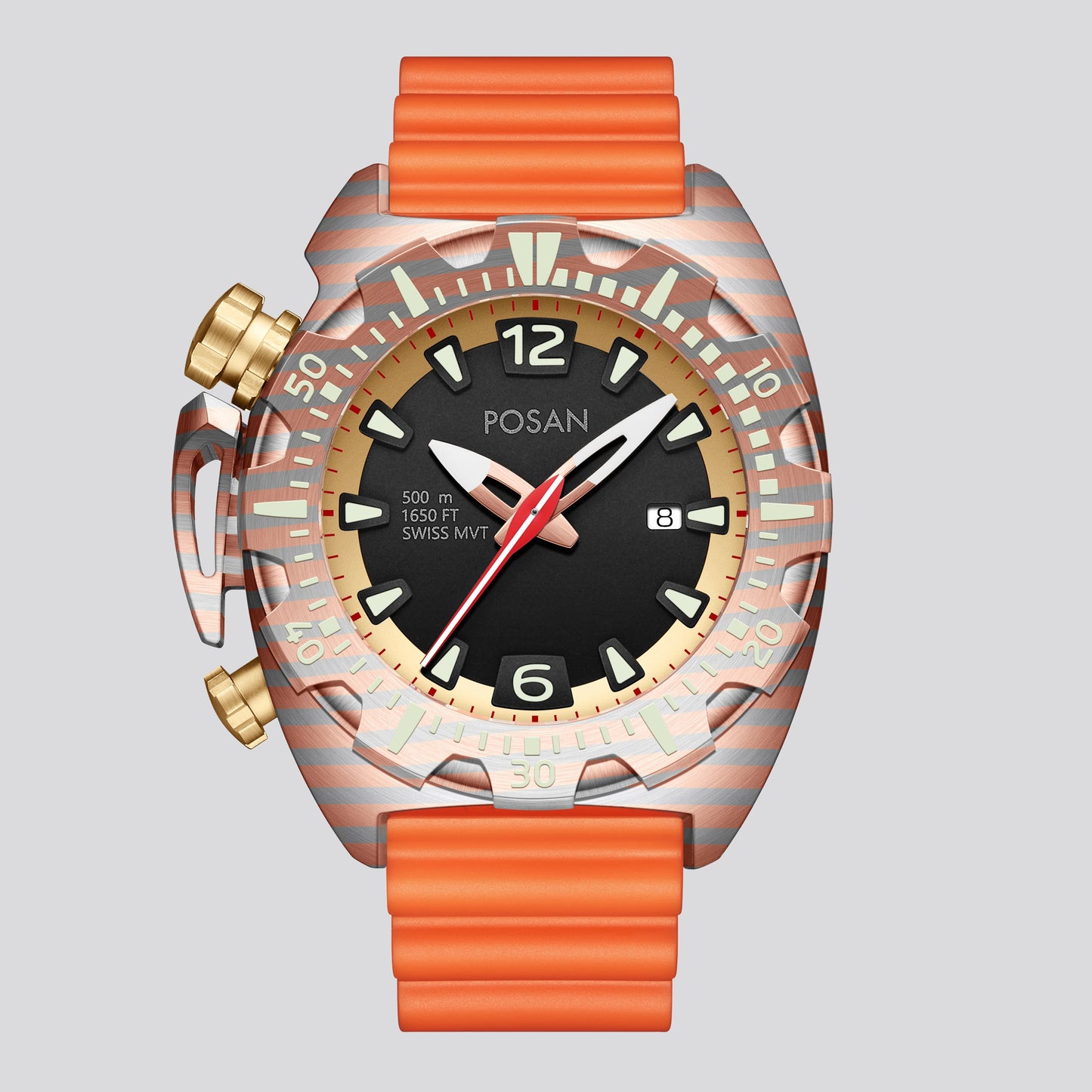 POSAN Watch PSW-009G 50ATM Titanium Diver Watch with Spherical Sapphire Crystal, Textured Case & Screw-Down Crown