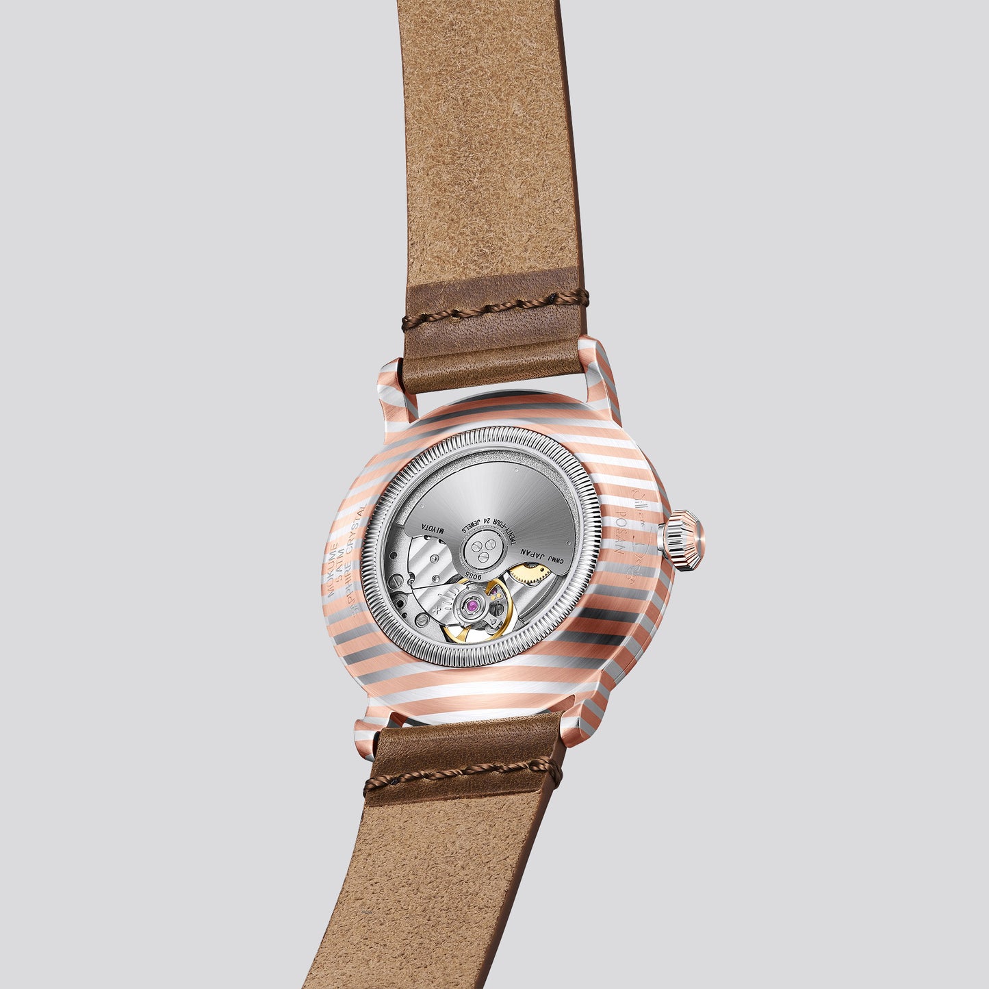 POSAN Watch PSW-002G Open-Heart Gradient Damascus Titanium Watch Timascus Case with Blue Dial & Leather Strap
