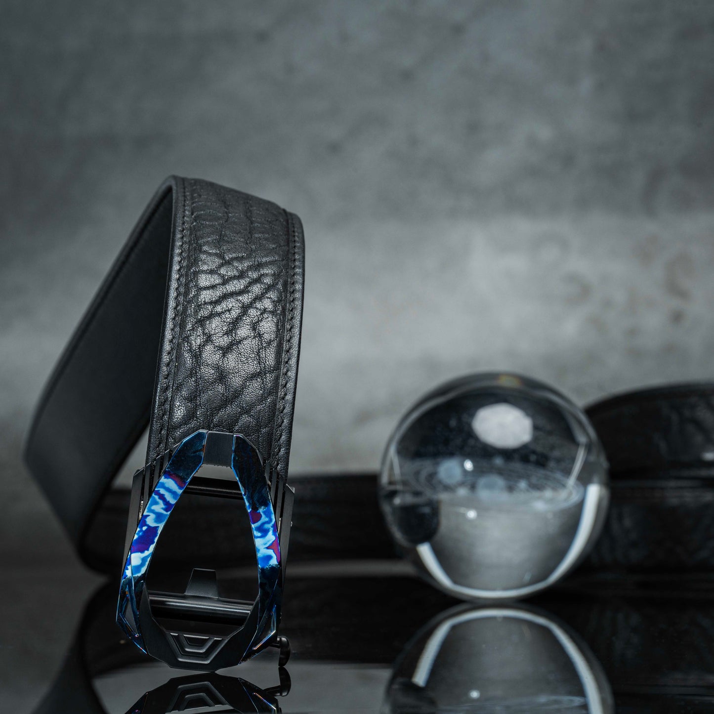 POSAN Belt PSB-003 Wild Cowhide Damascus Titanium Ratchet Buckle Belt with Rainbow Anodized Finish