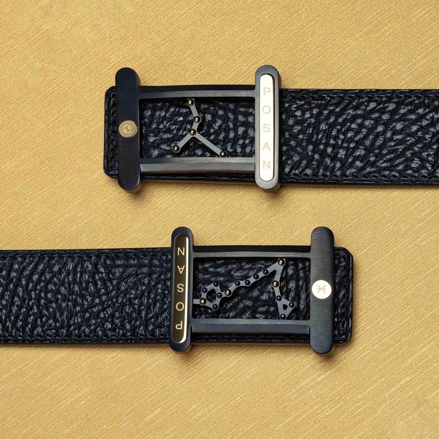 POSAN Belt PSB-001 Wild Cowhide Zodiac Plate Buckle Belt with Titanium & Black-Gold Electroplated Finish