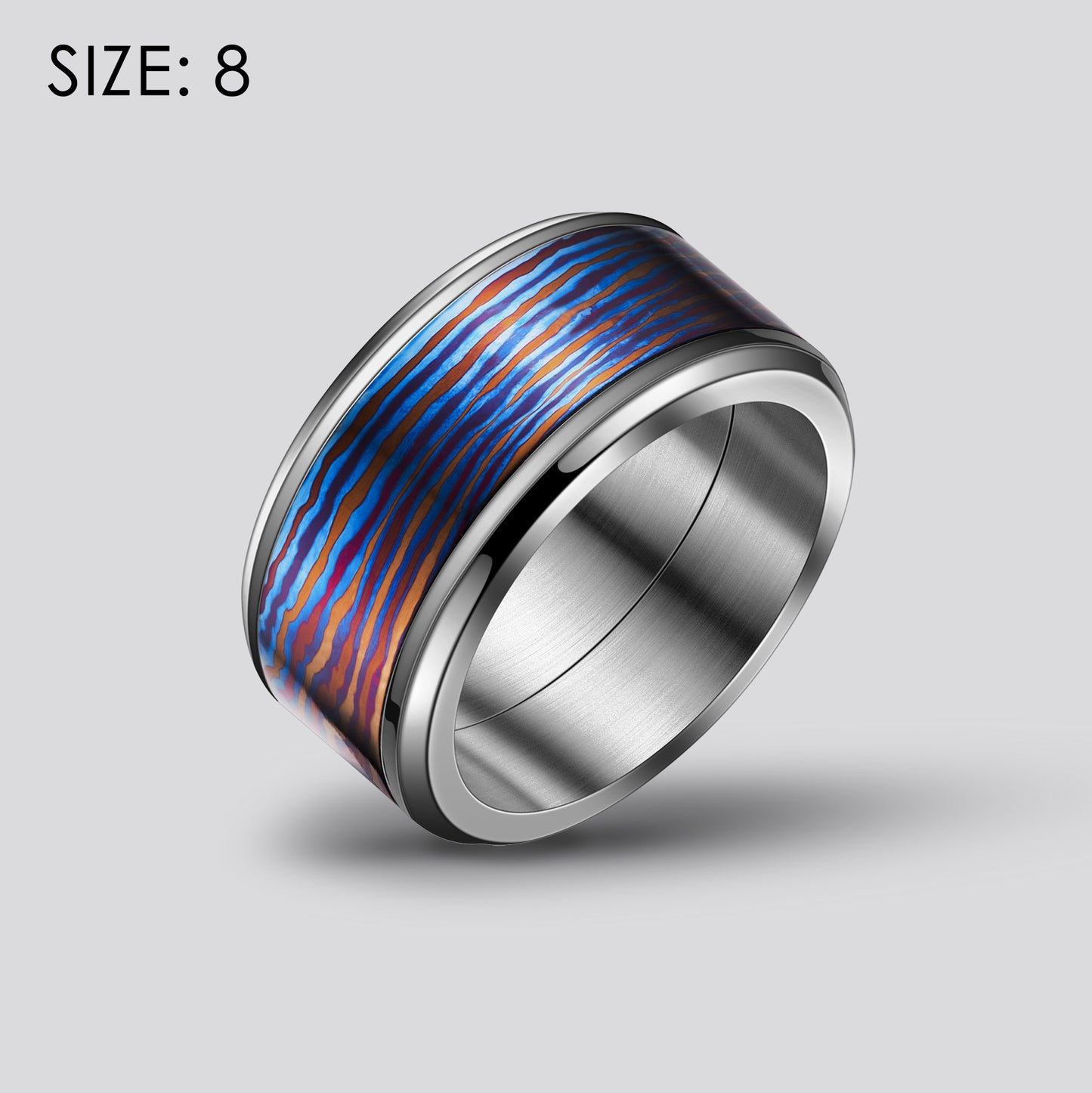 POSAN Ring PSR-001(silver color)Gradient Damascus Titanium Ring Timascus Handcrafted Rainbow IPH Technology with Brushed Titanium Core