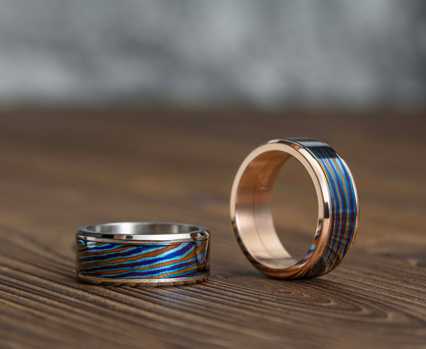 POSAN Ring PSR-001(rose gold color)Gradient Damascus Titanium Ring Timascus Handcrafted Rainbow IPH Technology with Brushed Titanium Core