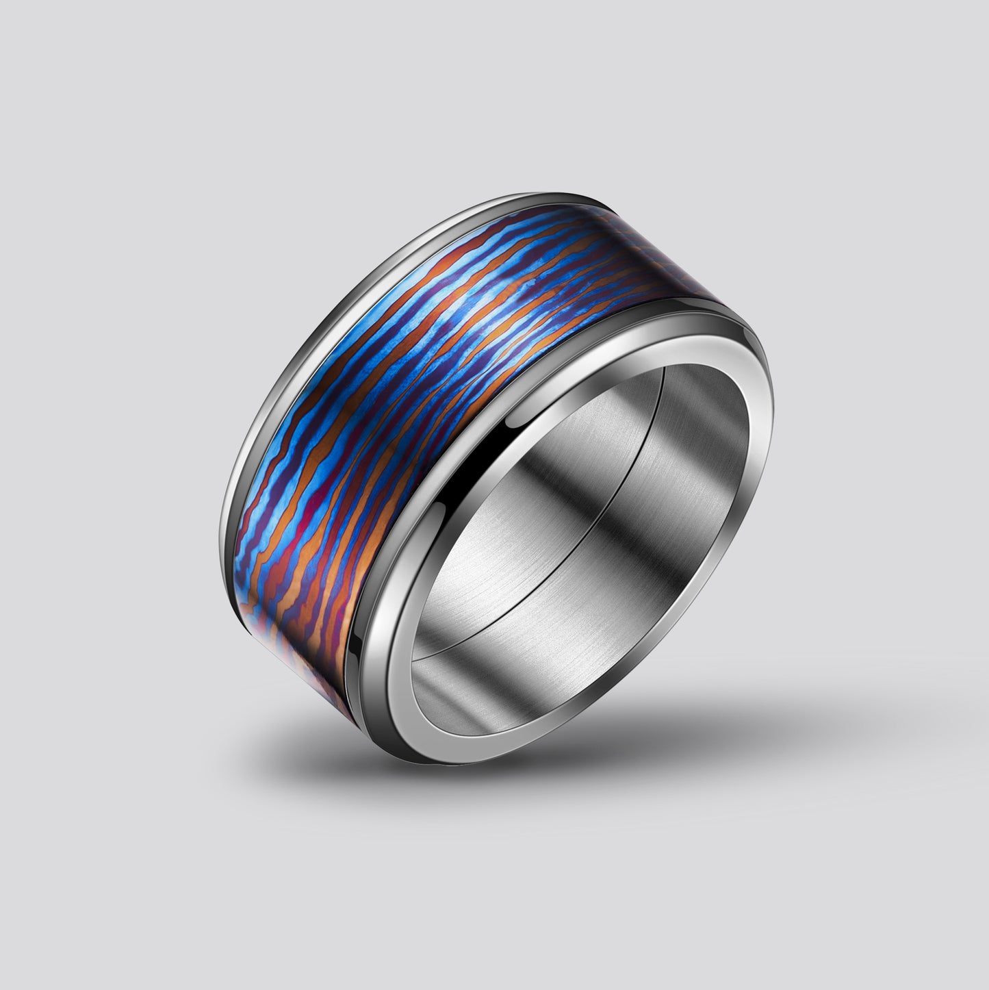 POSAN Ring PSR-001(silver color)Gradient Damascus Titanium Ring Timascus Handcrafted Rainbow IPH Technology with Brushed Titanium Core