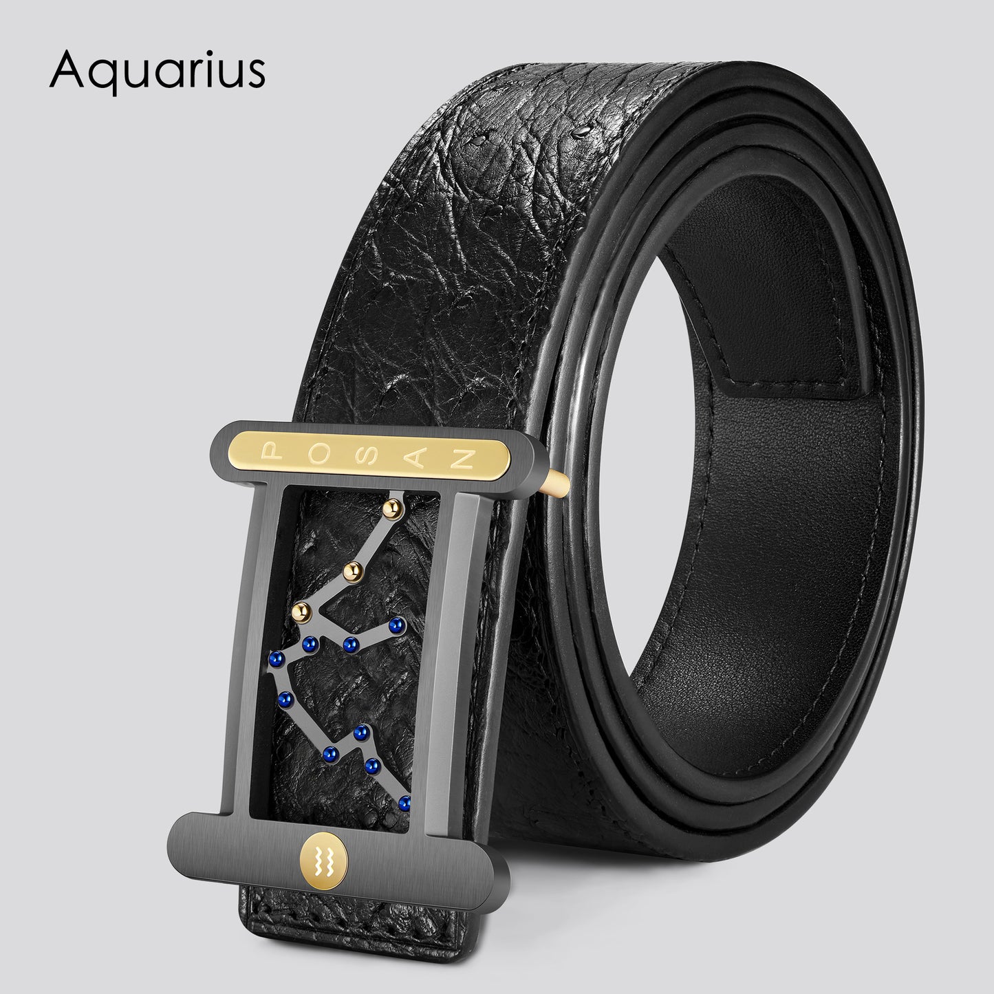 POSAN Belt PSB-001 Ostrich Leather Zodiac Plate Buckle Belt with Titanium & Black-Gold Electroplated Finish