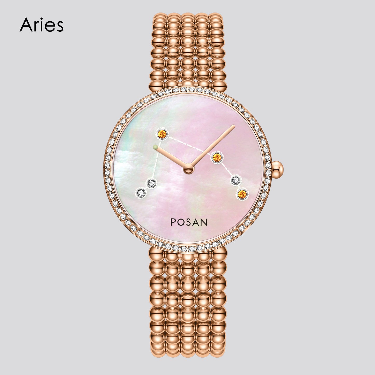POSAN Watch PSW-001C Classic Zodiac Quartz Watch with Pearl Shell Dial, Gem-Set Constellations & Stainless Steel Bead Bracelet