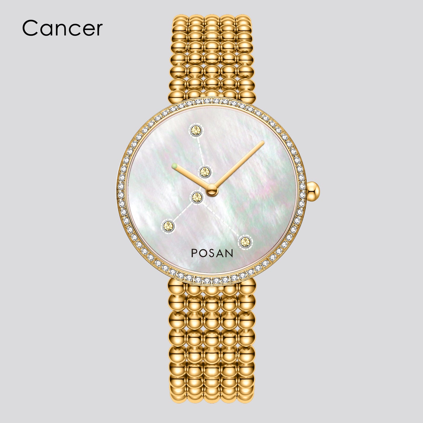 POSAN Watch PSW-001C GOLD Classic Zodiac Quartz Watch with Pearl Shell Dial, Gem-Set Constellations & Stainless Steel Bead Bracelet