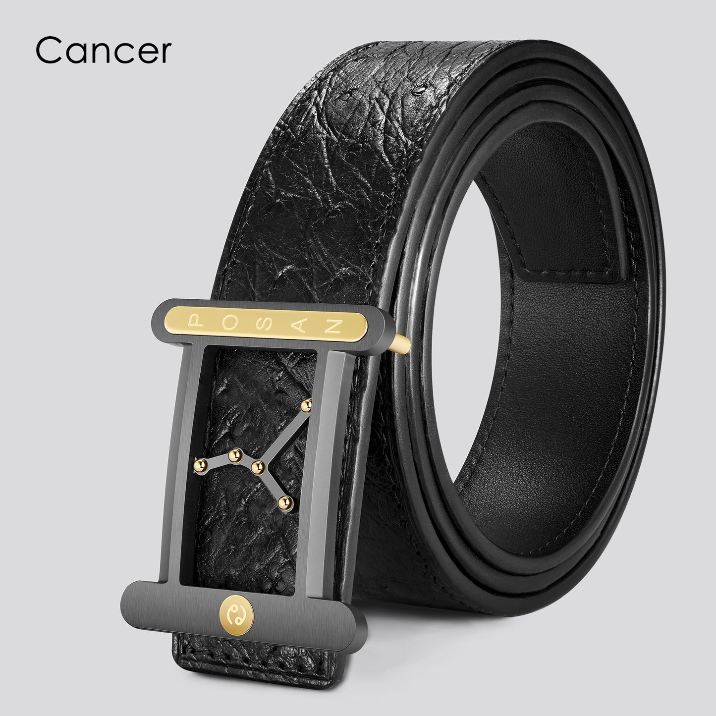POSAN Belt PSB-001 Ostrich Leather Zodiac Plate Buckle Belt with Titanium & Black-Gold Electroplated Finish
